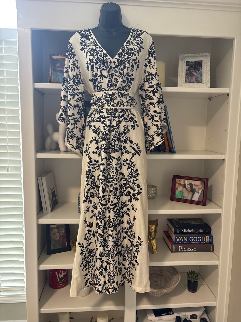 Sue Sartor 100% Silk White Maxi Dress with Black Floral Embroidery